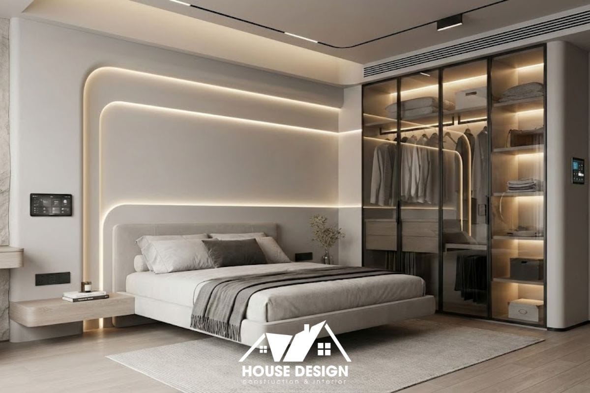 Thiết kế phòng ngủ chung cư Minimalism với tường bo cong và đèn LED hắt sáng xu hướng 2026.
