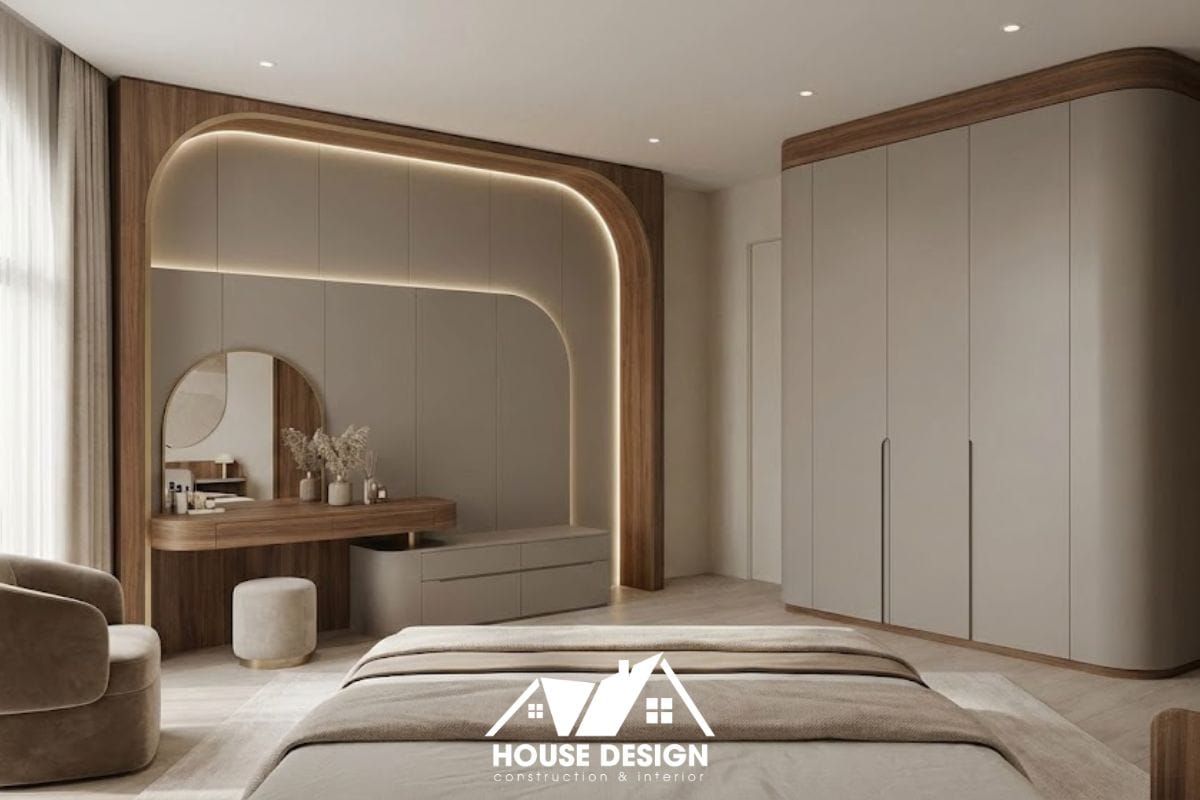 Nội thất phòng ngủ chung cư Luxury với tủ quần áo và vách đầu giường bo cong mềm mại.