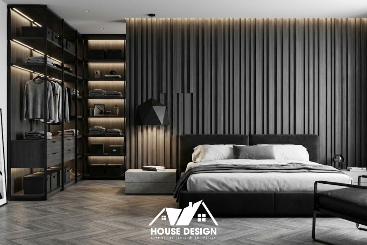Mẫu phòng ngủ chung cư Modern Monochrome tông trắng đen xám với vách lam gỗ dọc.