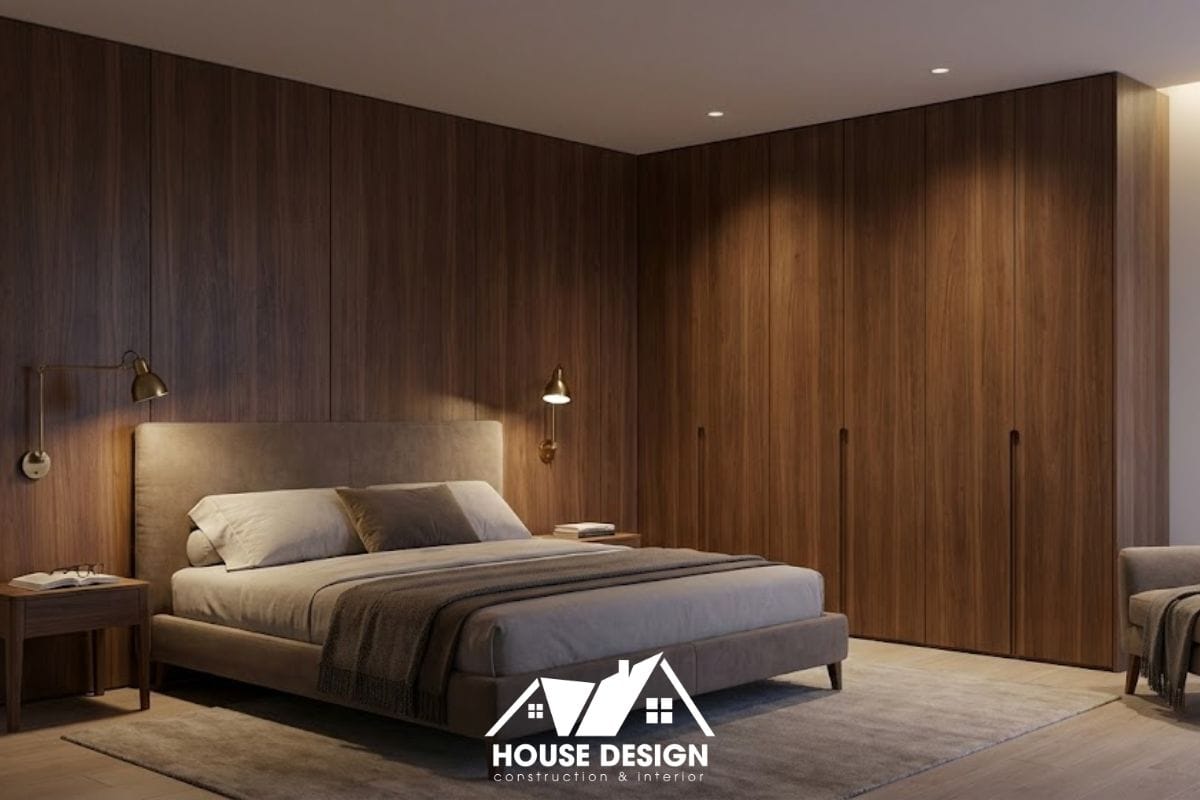 Phòng ngủ cho ông bà với mảng tường ốp gỗ lớn và đèn đọc sách đầu giường.