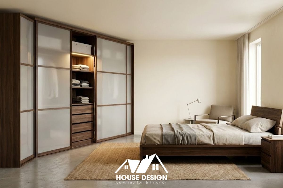 Thiết kế phòng ngủ ông bà tối giản với tủ quần áo cửa lùa tiết kiệm diện tích.