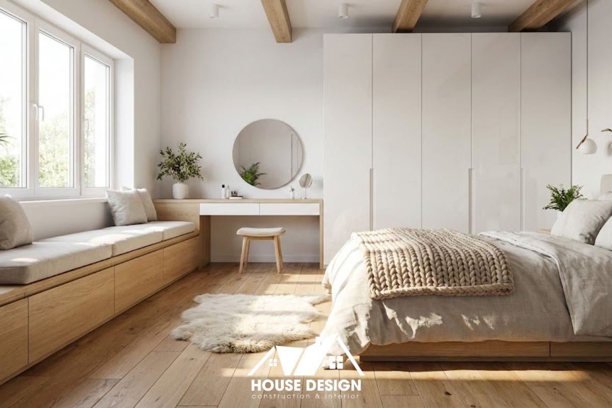 Thiết kế phòng ngủ chung cư phong cách Scandinavian pha Modern với bục ghế ngồi cửa sổ liền bàn trang điểm.