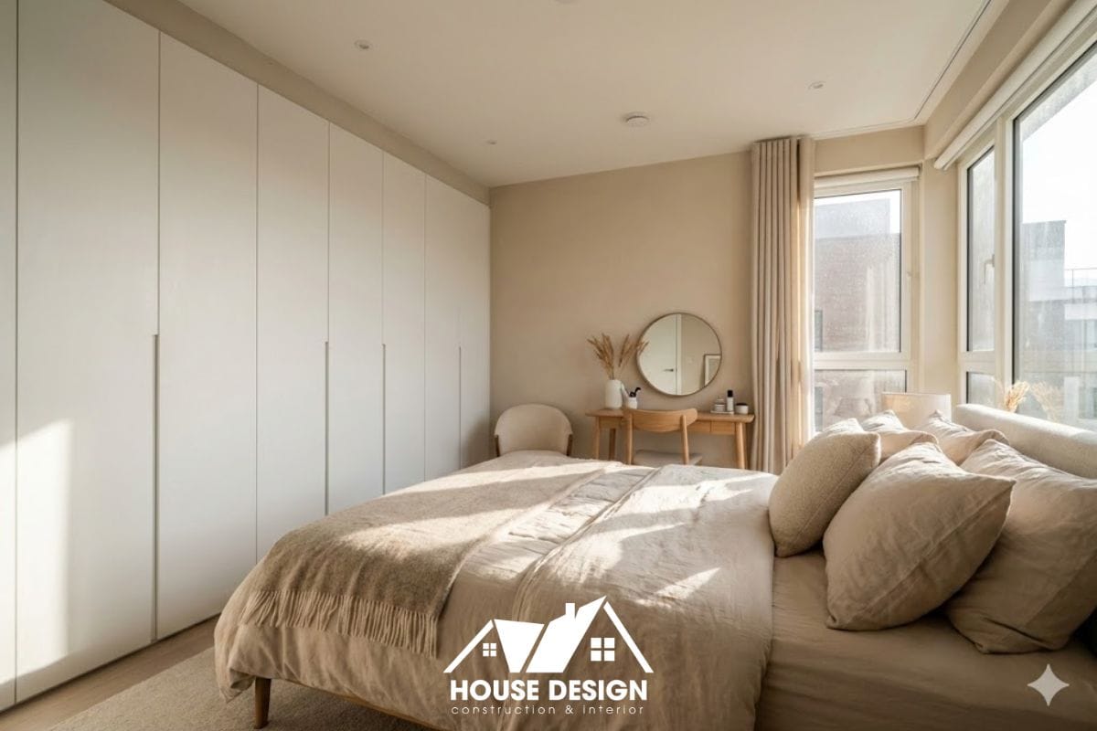 nội thất phòng ngủ master chung cư 70m2 với tủ quần áo kịch trần