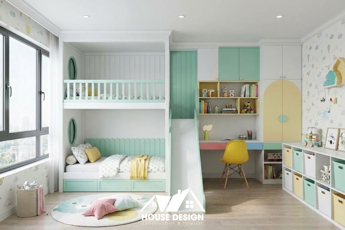 Phòng ngủ trẻ em thiết kế hiện đại với giường tầng và góc học tập sáng tạo.
