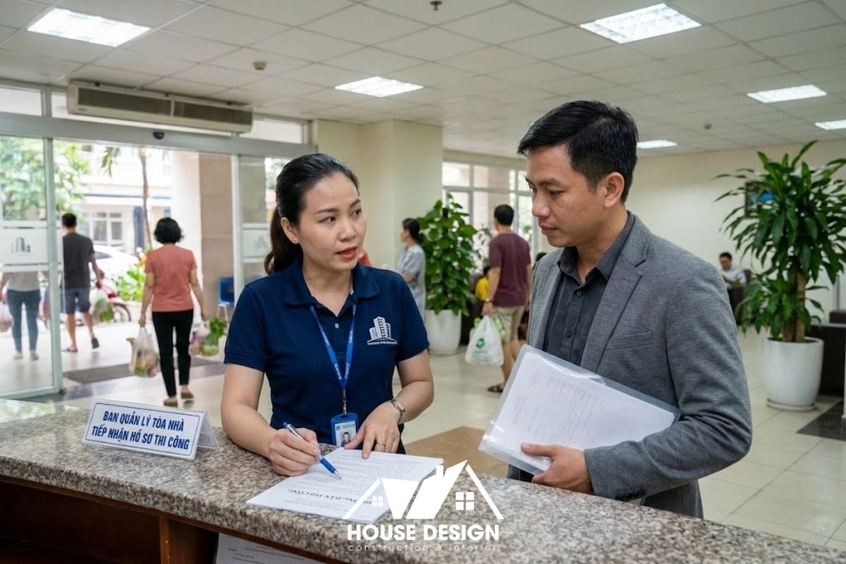 Nhân viên ban quản lý tòa nhà đang hướng dẫn cư dân về quy định và mẫu đơn xin sửa chữa căn hộ chung cư tại quầy lễ tân.