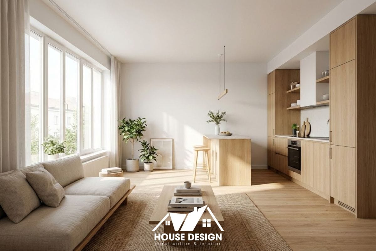 Không gian phòng khách liền bếp sáng thoáng trong mẫu thiết kế căn hộ 40m2 2 phòng ngủ hiện đại.