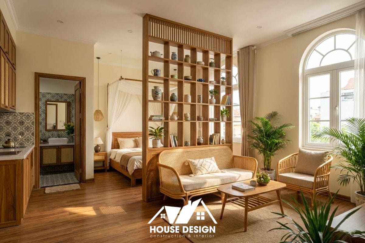 Toàn cảnh căn hộ Studio chung cư phong cách Indochine sử dụng vách ngăn gỗ thoáng.