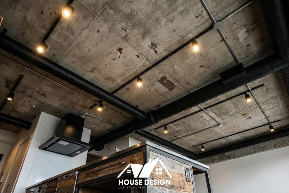 rần bê tông và đường ống kỹ thuật hở trong căn hộ industrial