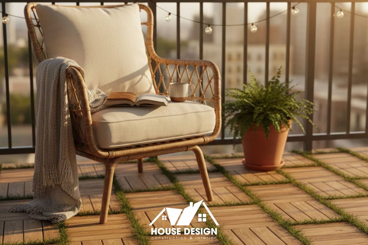 lát sàn gỗ vỉ nhựa và bố trí ghế thư giãn tại ban công chung cư