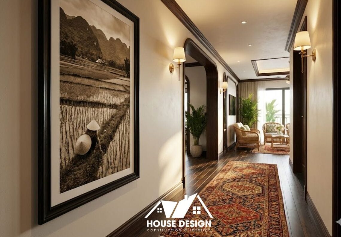 Tranh nghệ thuật khổ lớn treo tường tại hành lang lối vào chung cư Indochine.