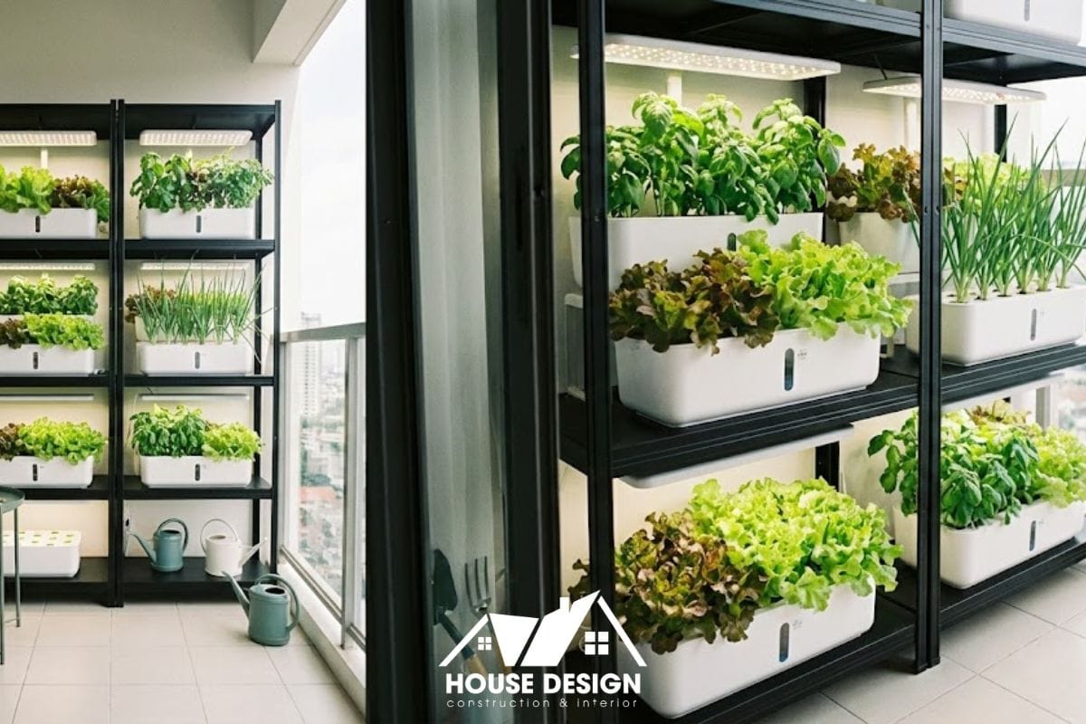 Kệ trồng rau sạch ở logia chung cư thông minh và sạch sẽ.
