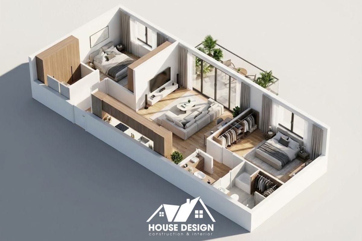 thiết kế tủ bếp chữ I chạy dọc hành lang căn hộ 45m2