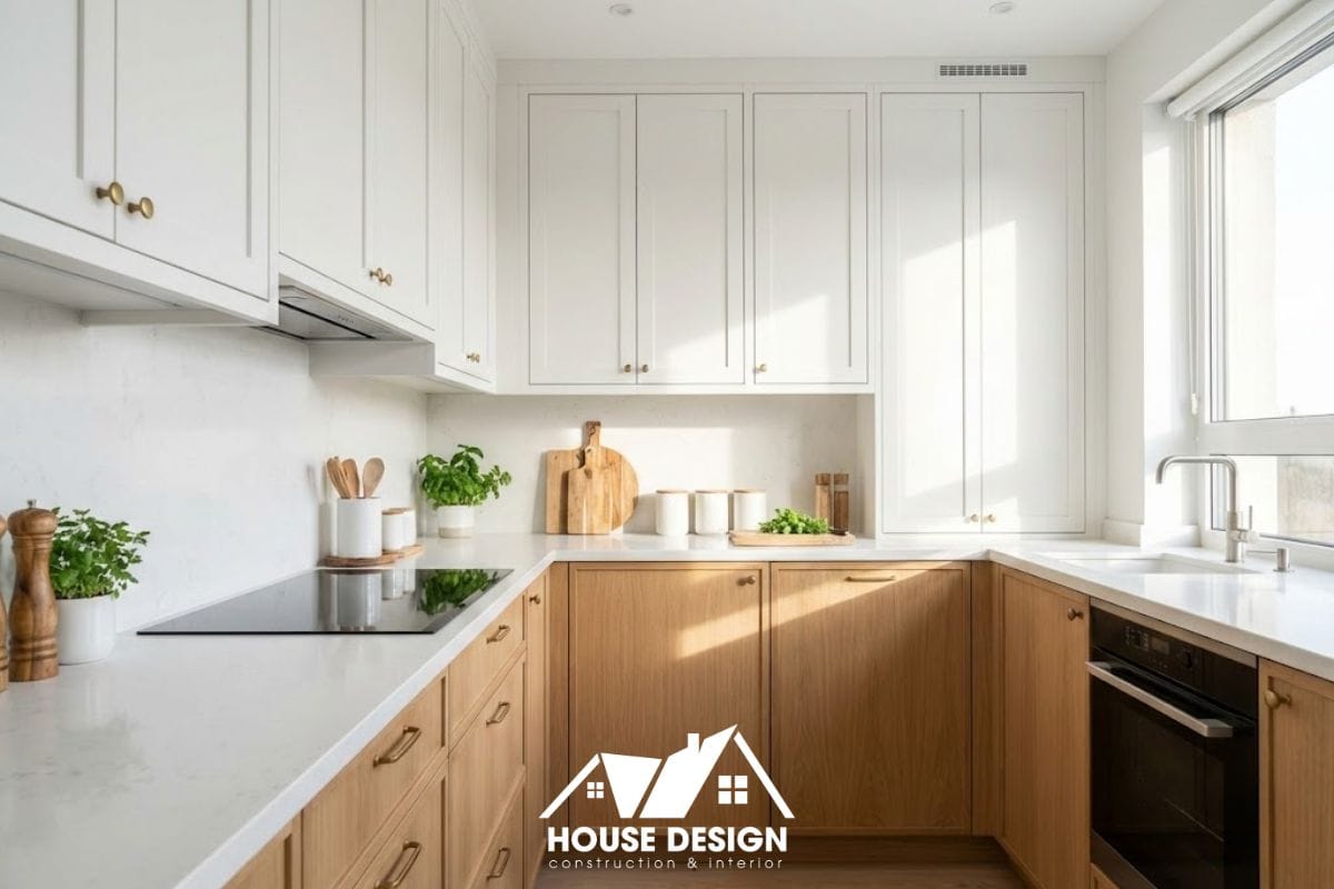 Hệ tủ bếp chữ L kịch trần màu trắng kết hợp bàn ăn thông minh cho chung cư.