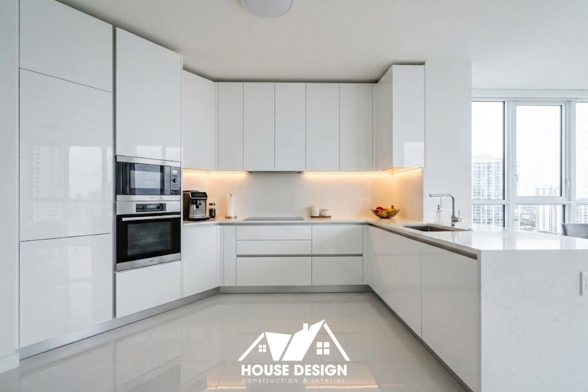 Hệ tủ bếp gỗ công nghiệp phủ Acrylic bóng gương thiết kế kịch trần tối ưu lưu trữ.