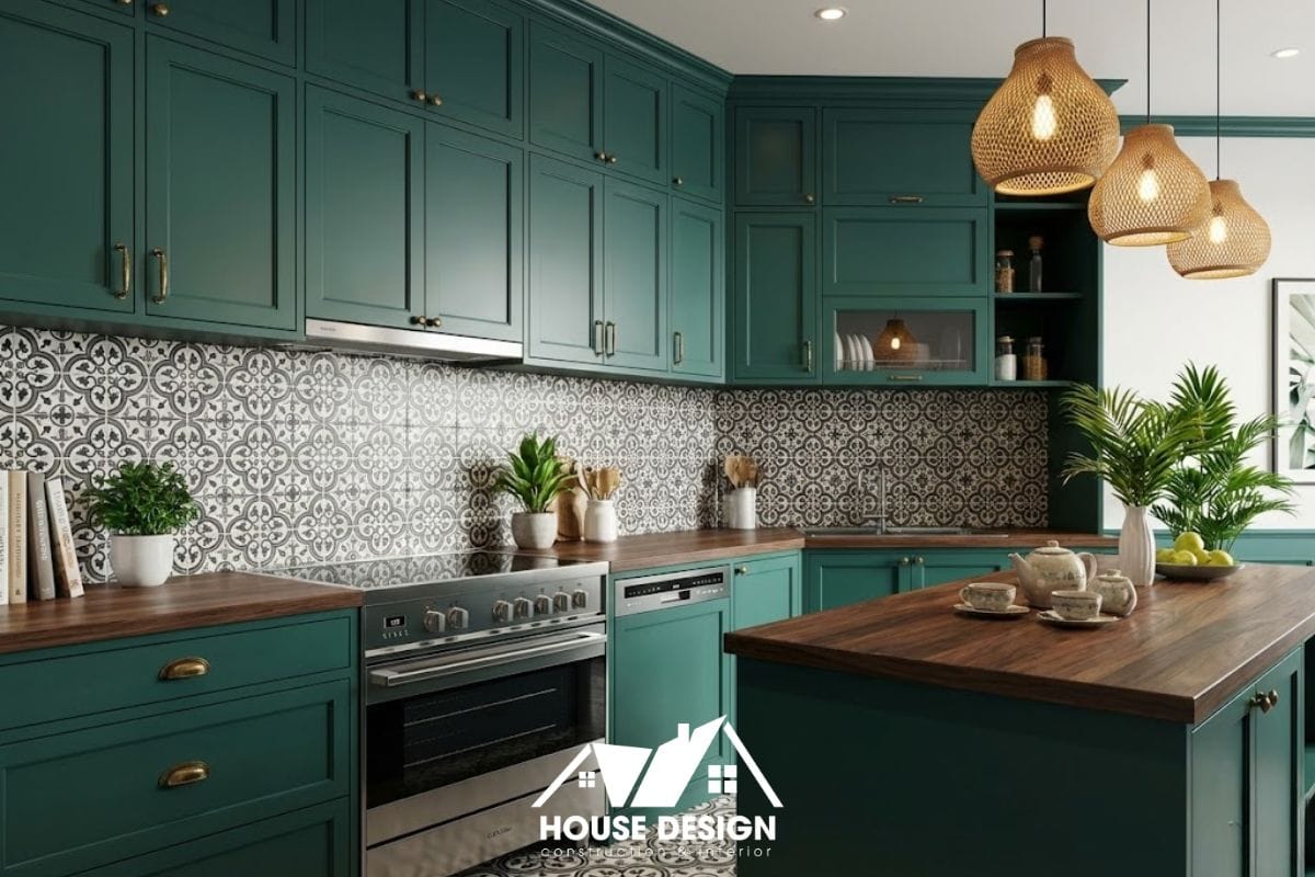 Hệ tủ bếp màu xanh ngọc kết hợp gạch bông ốp tường trong chung cư phong cách Indochine.