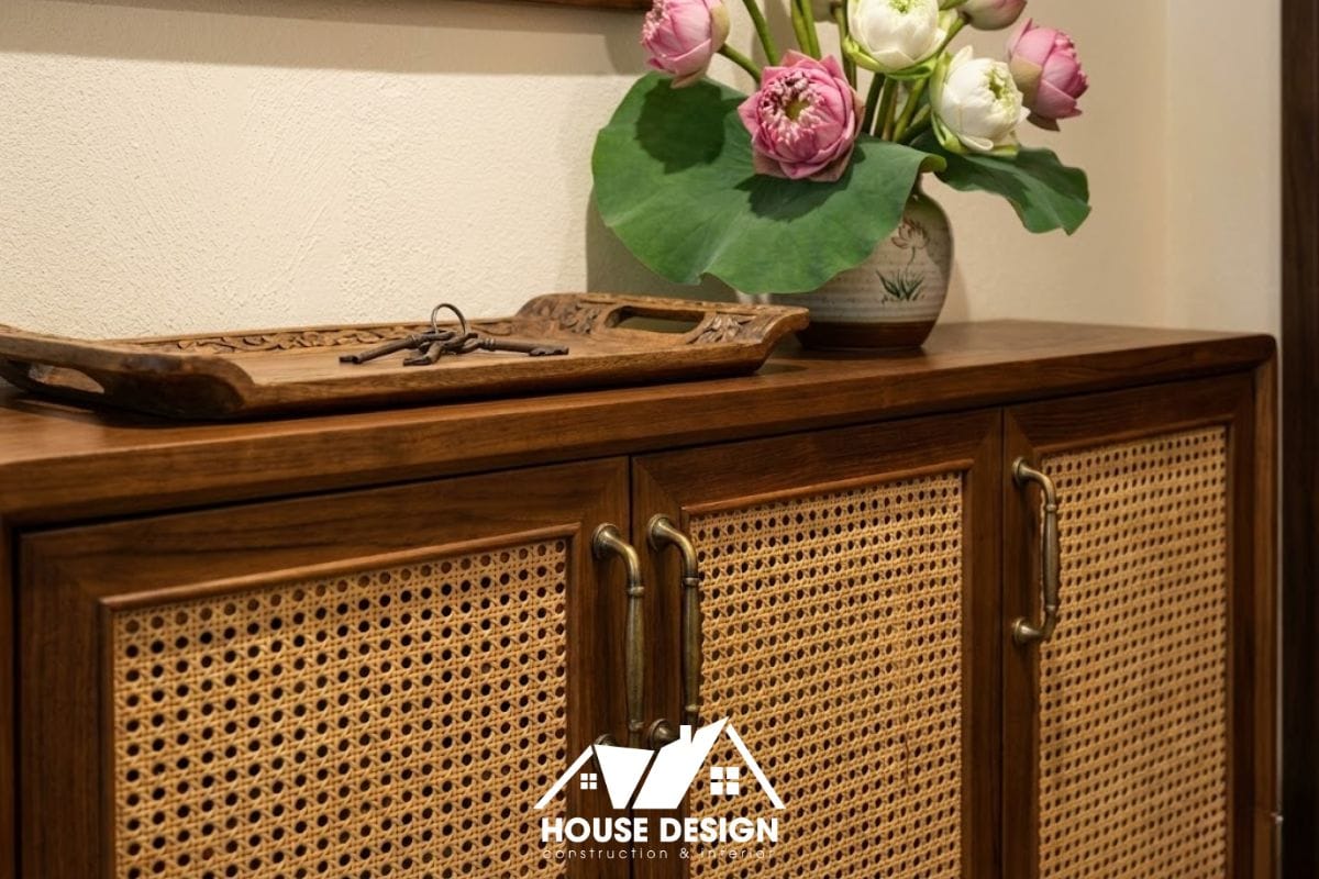 Tủ giày kết hợp gỗ và mây mắt cáo thoáng khí tại lối vào chung cư Indochine.