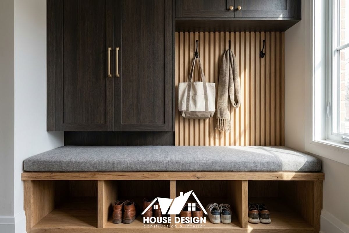 Tủ giày thông minh kết hợp bệ ngồi bọc nệm tiện lợi tại lối vào chung cư.