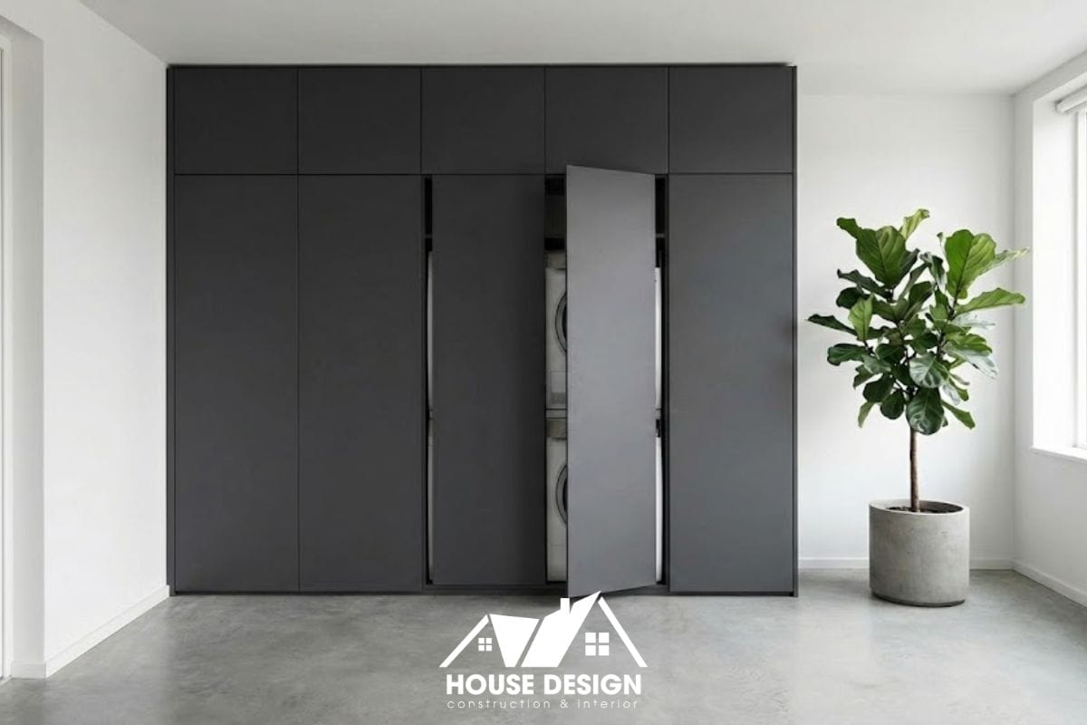 Tủ đựng máy giặt logia chung cư thiết kế âm tường gọn gàng.