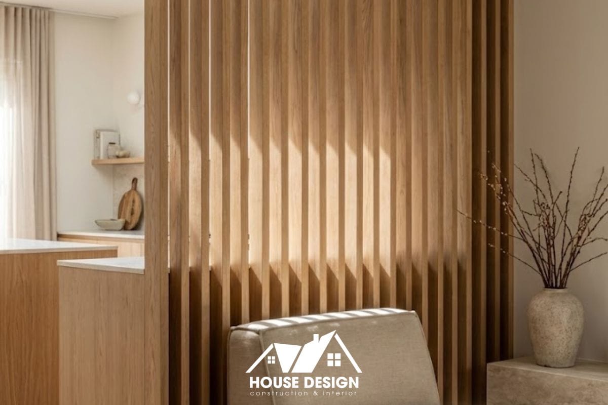 vách nan gỗ trang trí ngăn cách phòng khách và bếp japandi