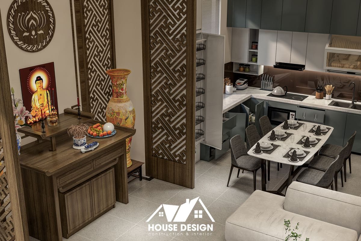 Sử dụng vách ngăn CNC gỗ để tách biệt không gian thờ và bếp trong phòng khách chung cư liên thông.