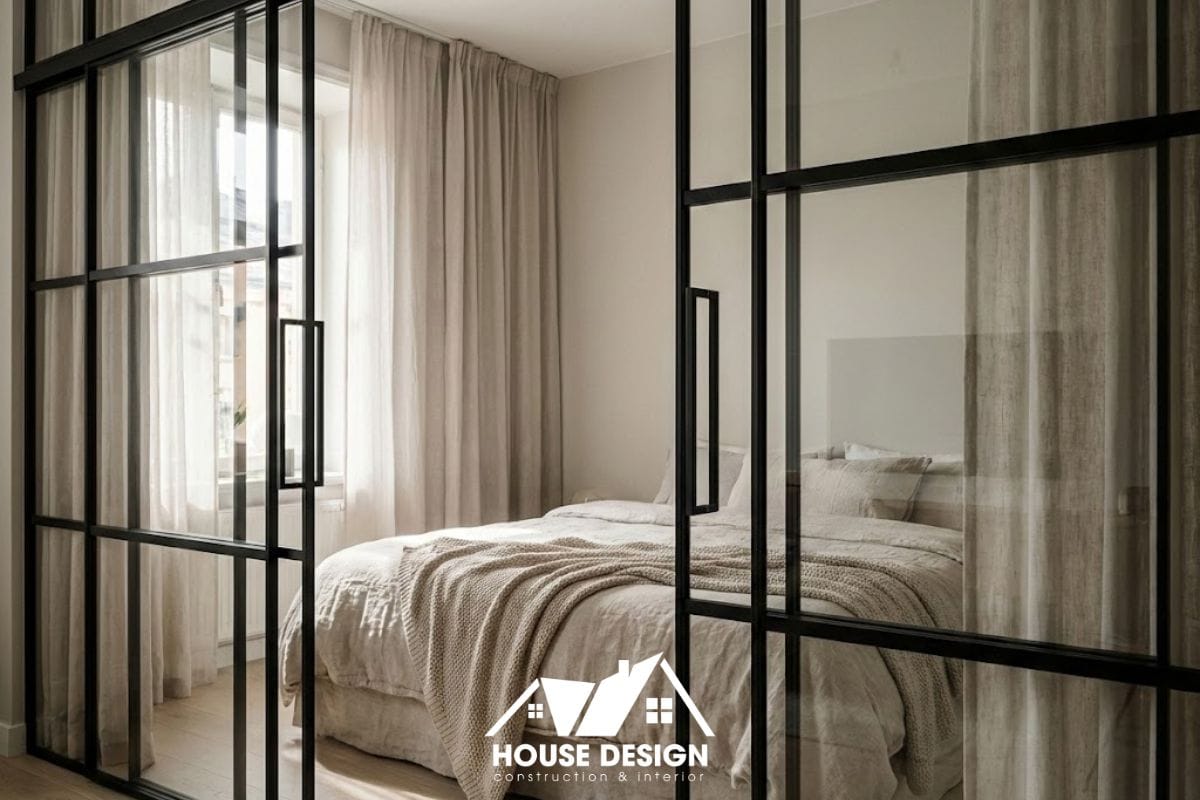 Vách ngăn kính cường lực chia tách phòng khách và phòng ngủ phụ, đảm bảo ánh sáng tự nhiên và độ thông thoáng.
