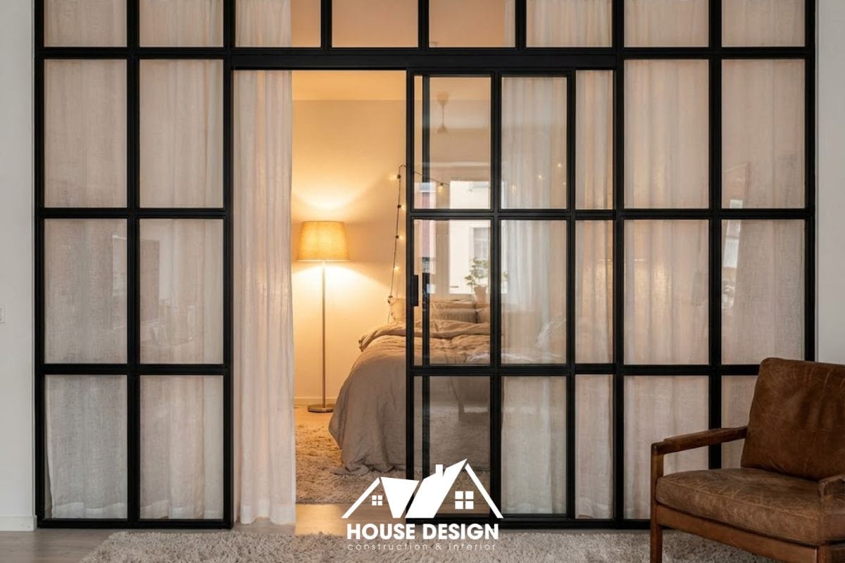 Chi tiết vách ngăn kính cường lực khung mỏng giúp ngăn chia phòng ngủ nhưng vẫn giữ độ thoáng sáng.