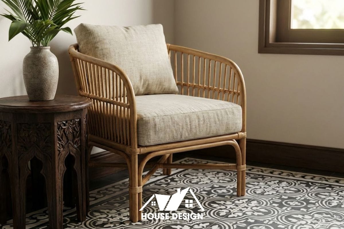 Cận cảnh vật liệu đặc trưng trong chung cư phong cách Indochine gồm gỗ tự nhiên, mây tre đan.