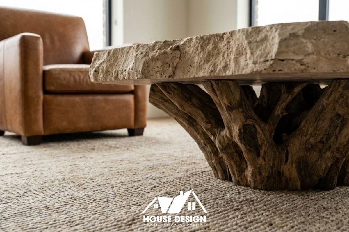 nội thất eco-luxury sử dụng đá tự nhiên và gỗ mộc