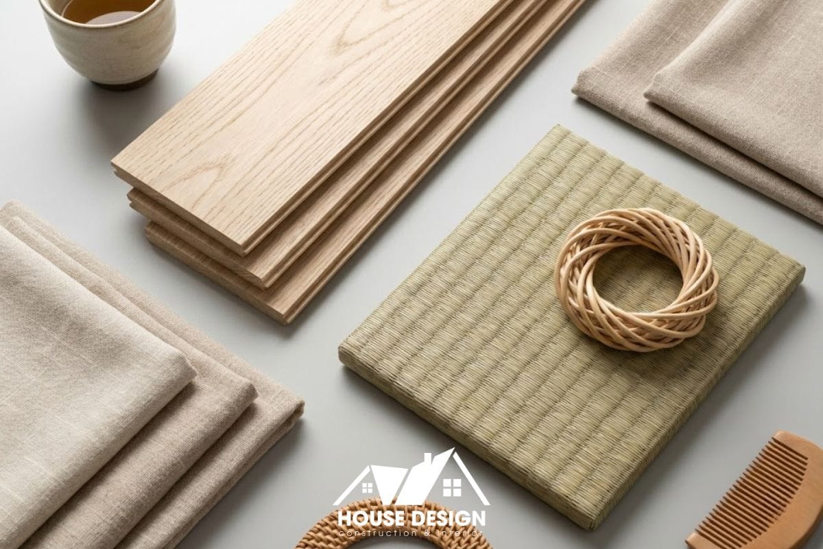 Bảng vật liệu đặc trưng gồm gỗ sồi, vải linen và mây tre trong thiết kế căn hộ Nhật.