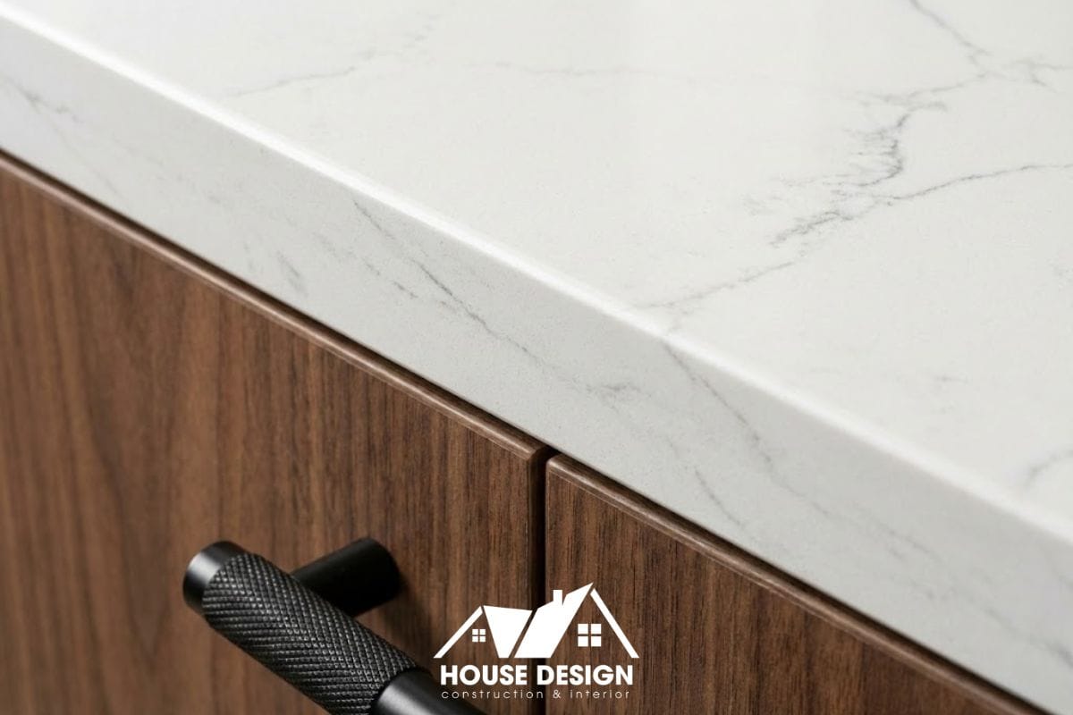 Cận cảnh sự kết hợp giữa mặt đá nhân tạo, gỗ công nghiệp chống ẩm và chi tiết kim loại sắc sảo.