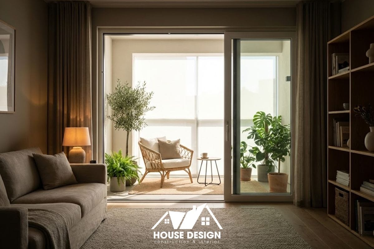 View nhìn ra logia chung cư xanh mát từ phòng khách.