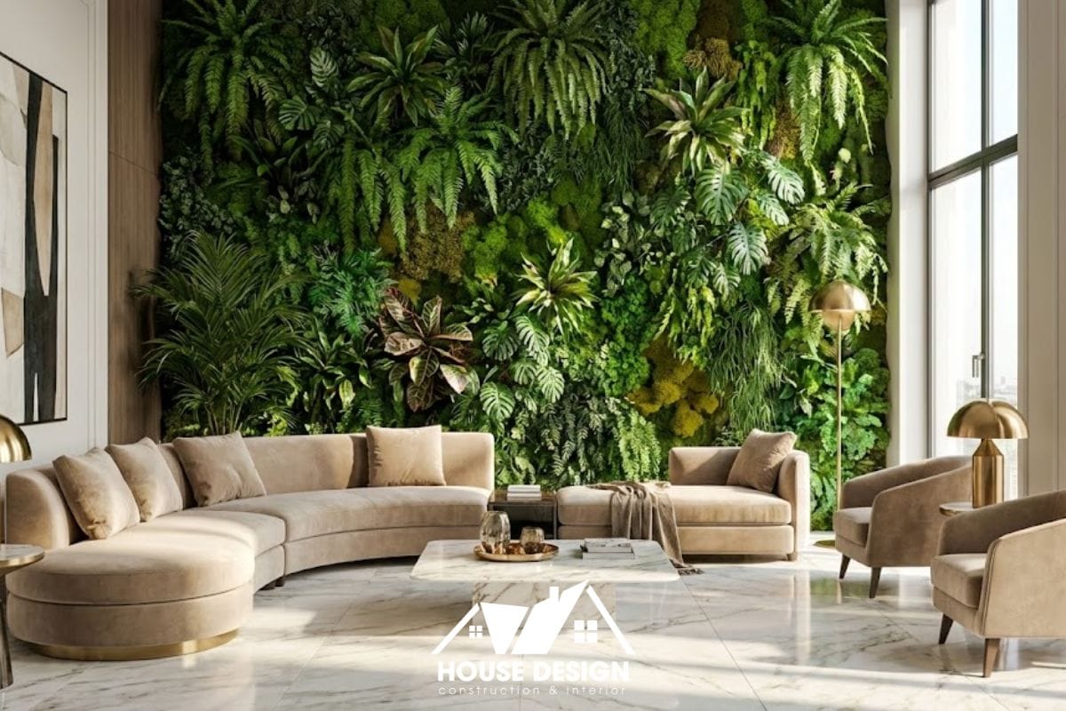 mảng tường cây xanh thẳng đứng trong phòng khách eco-luxury