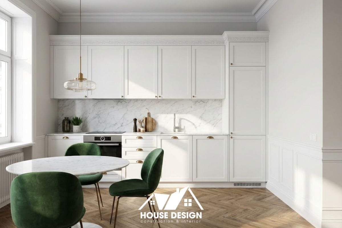 Khu vực bếp và bàn ăn tròn nhỏ gọn trong căn hộ chung cư phong cách tân cổ điển tiện nghi.