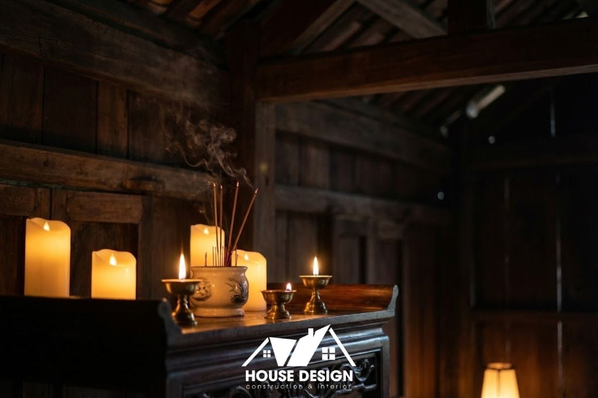 Không gian thờ tự ấm cúng với ánh sáng vàng dịu nhẹ và khói hương trầm lan tỏa.