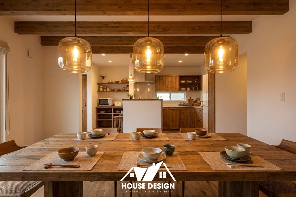 Bộ bàn ăn gỗ nguyên khối đặt tại khu vực bếp thoáng đãng, dưới ánh đèn thả trần ấm áp.