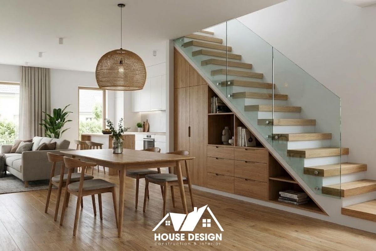 Bộ bàn ăn hiện đại đặt cạnh cầu thang kính đóng vai trò là điểm chuyển tiếp tinh tế giữa phòng khách và bếp.