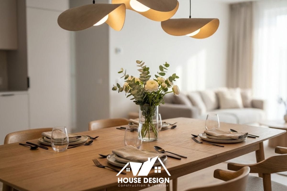 Bộ bàn ăn có thể mở rộng kích thước phục vụ tiệc bạn bè trong căn hộ chung cư phong cách tối giản.