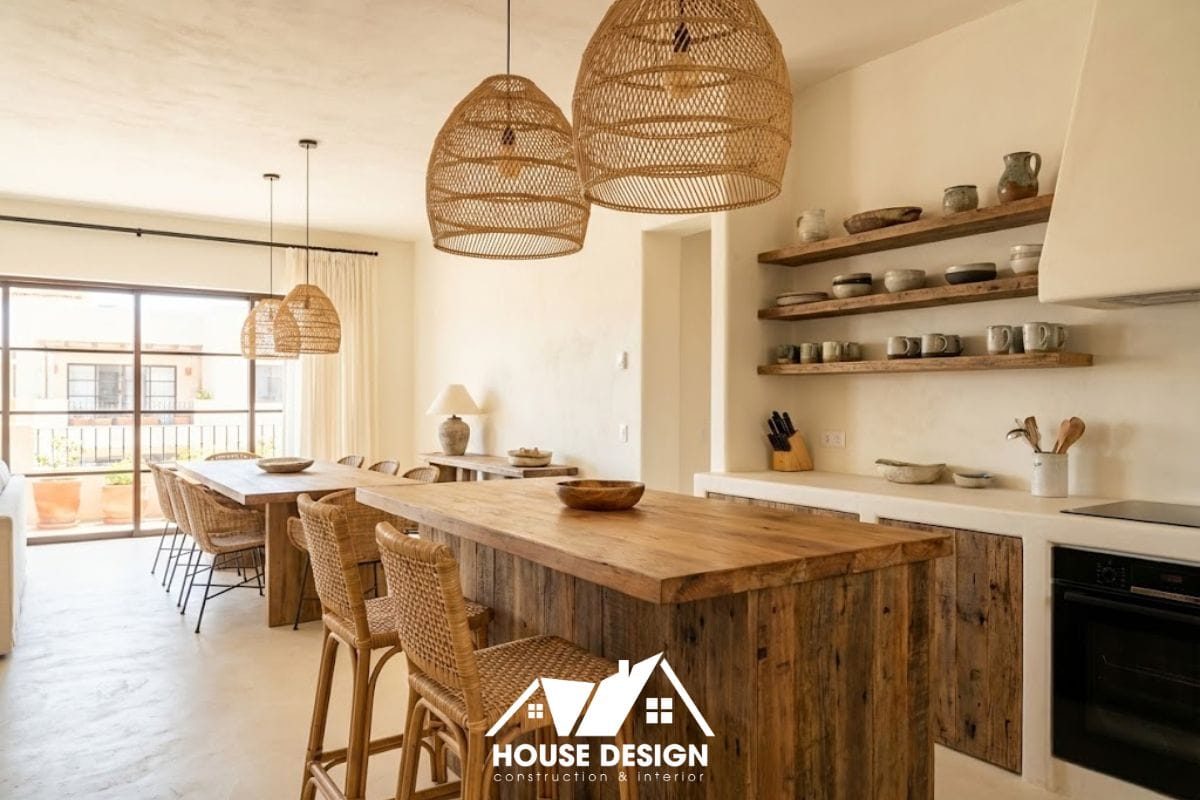 Không gian bếp và bàn ăn liên thông trong chung cư phong cách Địa Trung Hải với đèn thả mây tre đan.