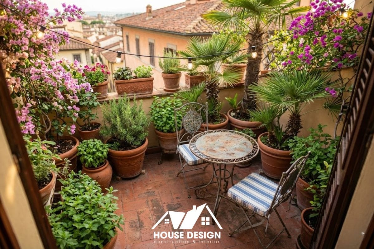 Ban công chung cư nhỏ được cải tạo theo phong cách Địa Trung Hải với sàn gỗ vỉ và nhiều chậu cây đất nung.