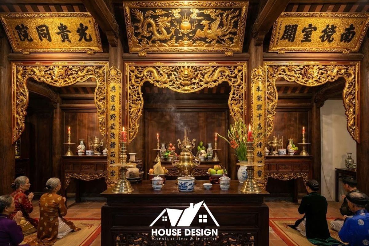 Hệ bàn thờ gia tiên với cửa võng và hoành phi câu đối sơn son thếp vàng lộng lẫy.