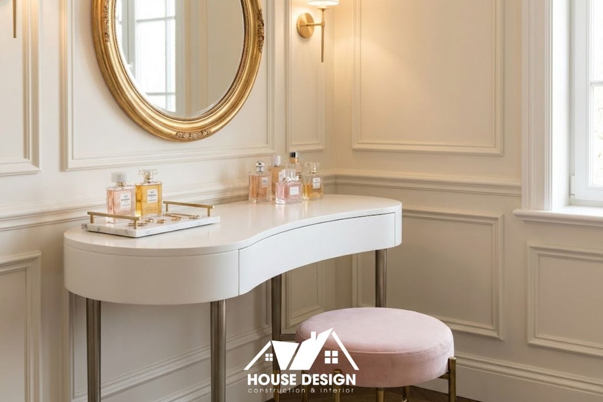 Góc bàn trang điểm tinh tế với gương tròn mạ vàng trong phòng ngủ chung cư phong cách tân cổ điển.