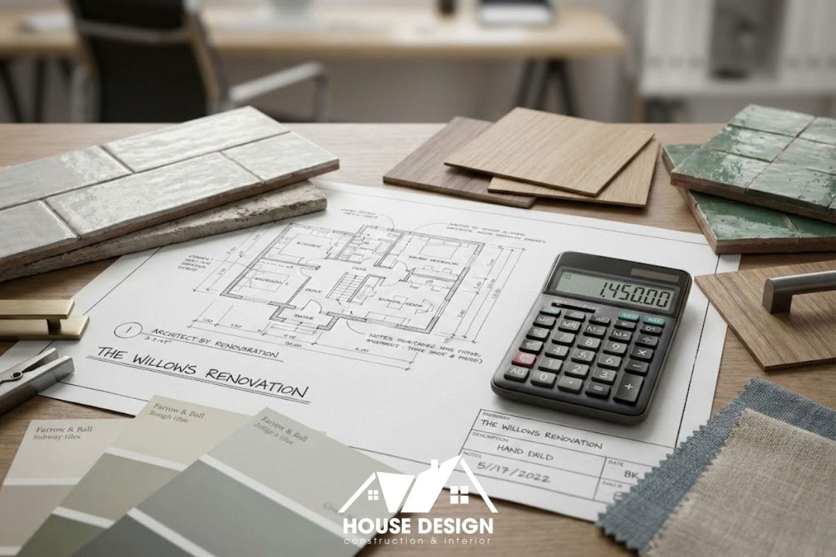 Bản vẽ kỹ thuật và bảng tính chi phí dự toán cải tạo nhà cấp 4 chi tiết trên bàn làm việc của kiến trúc sư.