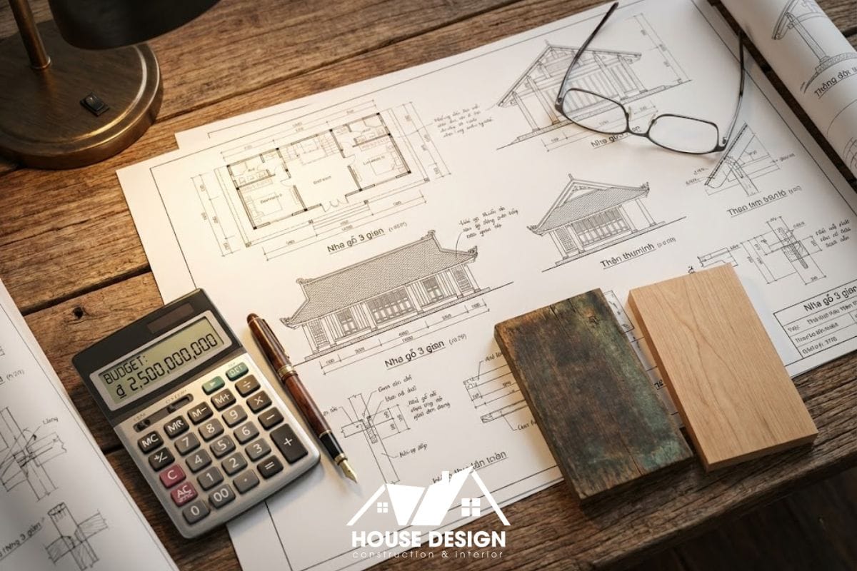 Bản vẽ kỹ thuật cải tạo nhà gỗ 3 gian cùng bảng dự toán chi phí chi tiết và mẫu gỗ vật liệu.