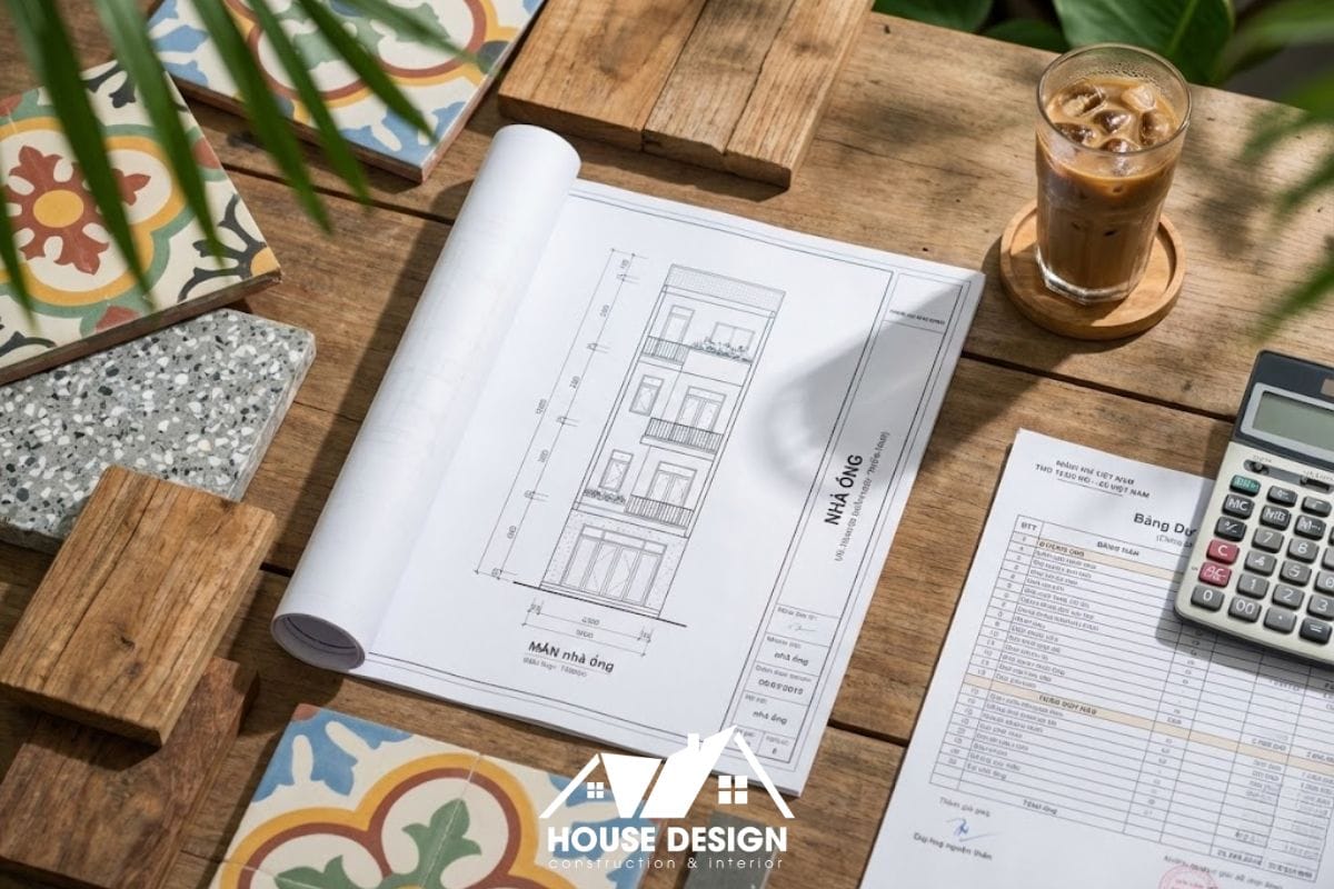 Bàn làm việc của kiến trúc sư với bản vẽ mặt bằng nhà phố, bảng dự toán chi phí và các mẫu gạch bông, đá mài terrazzo.