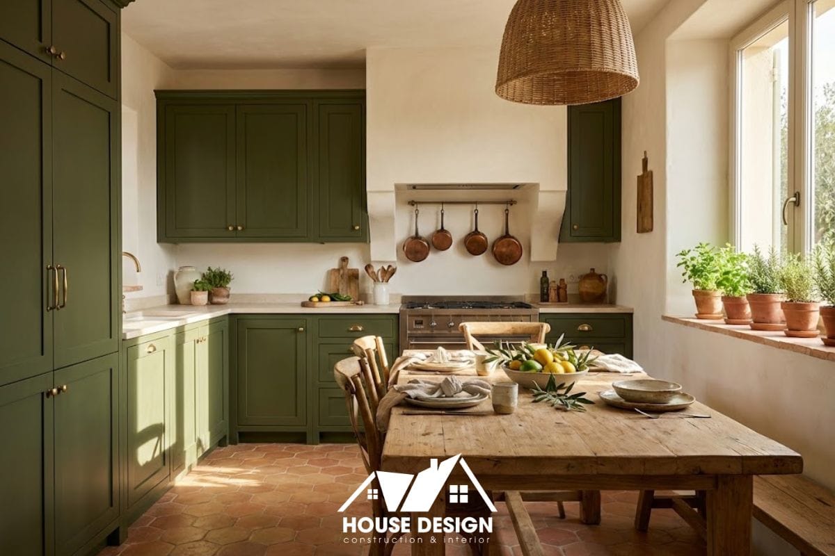 Không gian bếp ăn kết hợp hài hòa giữa màu trắng, tủ bếp xanh olive và sàn gạch đất nung ấm áp.