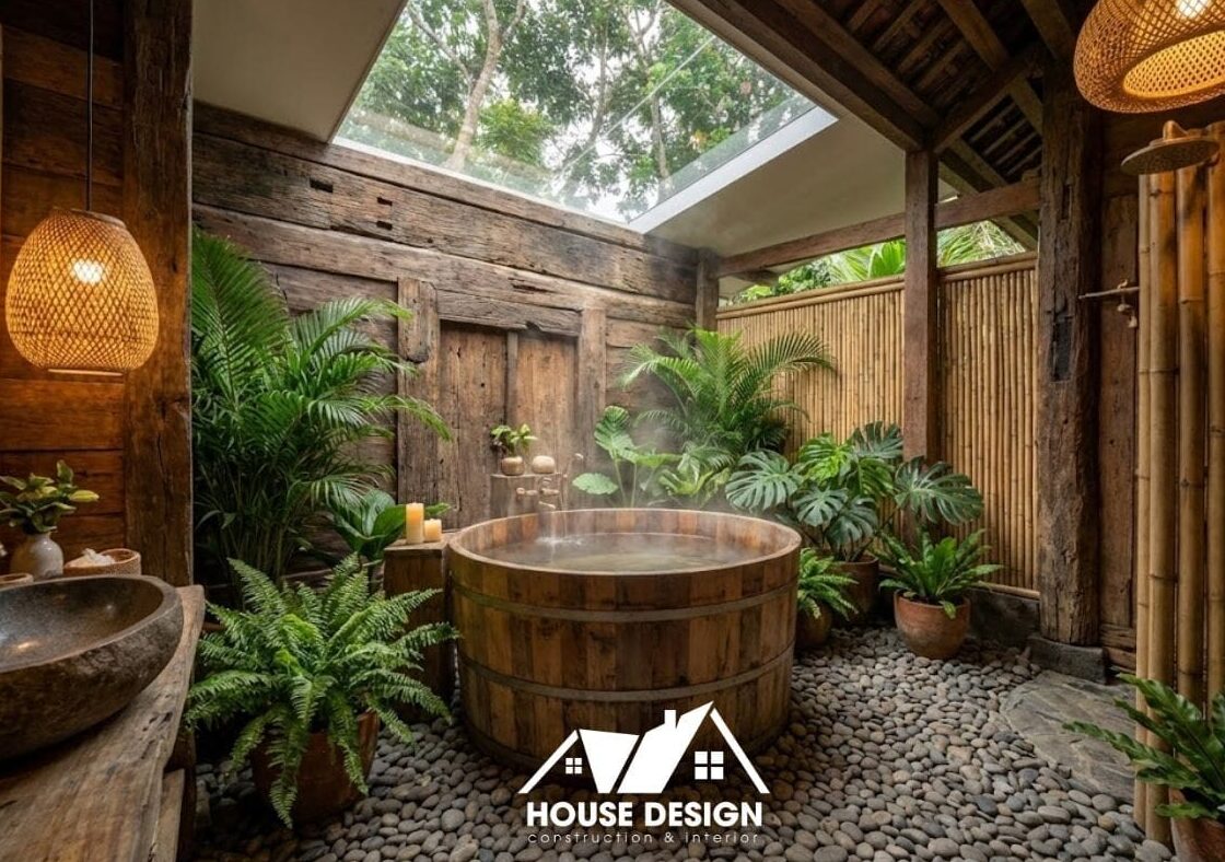 Khu vực tắm bán lộ thiên tại homestay nhà gỗ với bồn tắm gỗ và cây xanh xung quanh.