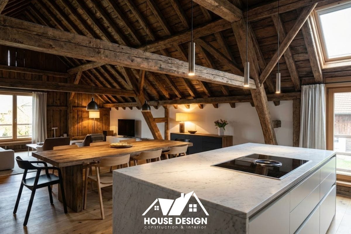 Khu vực bếp và bàn ăn thiết kế hiện đại với đảo bếp đá marble đặt trong khung nhà gỗ truyền thống.