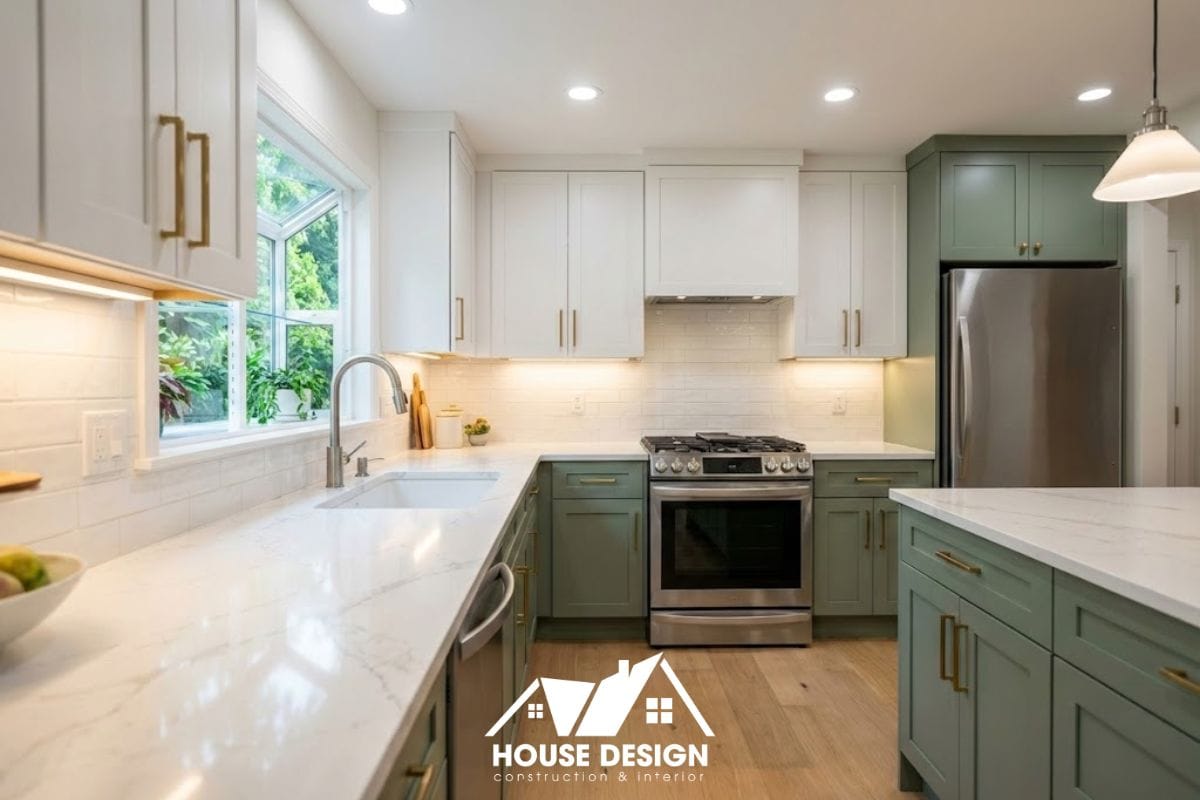 Phòng bếp nhà cấp 4 sau cải tạo với thiết kế không gian mở, tủ bếp chống ẩm và bàn ăn liền kề phòng khách.