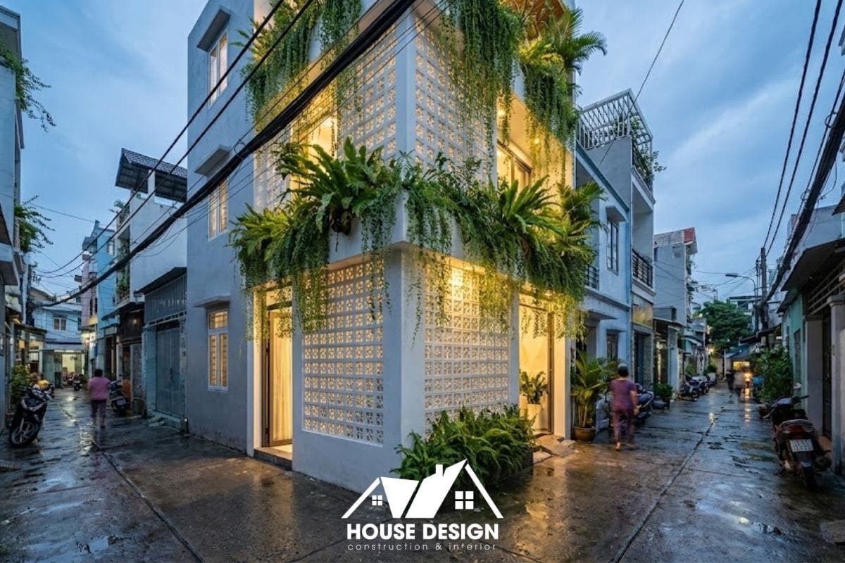 Mặt tiền nhà ống 3 tầng sau cải tạo nổi bật với gạch bông gió và cây xanh rủ trong con ngõ nhỏ.