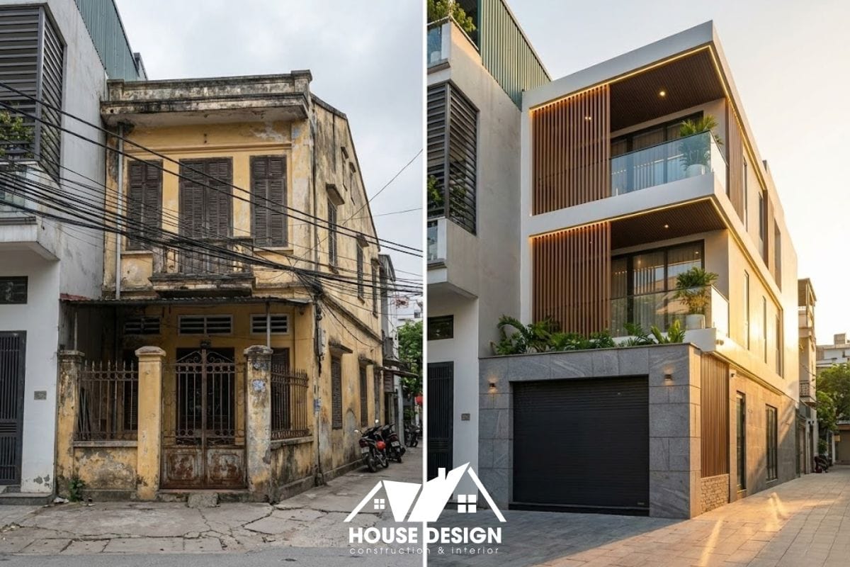 Hình ảnh so sánh trước và sau khi cải tạo nhà 2 tầng thành 3 tầng: mặt tiền cũ kỹ lột xác thành kiến trúc hiện đại ốp đá và kính.